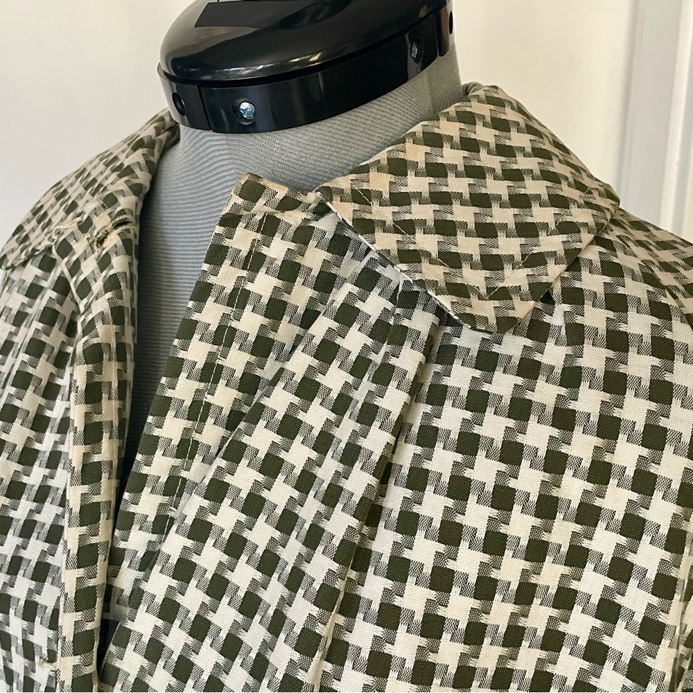Vintage checkered swingcoat/trench, Drk olive green and white, pockets, GUC - Picture 8 of 13
